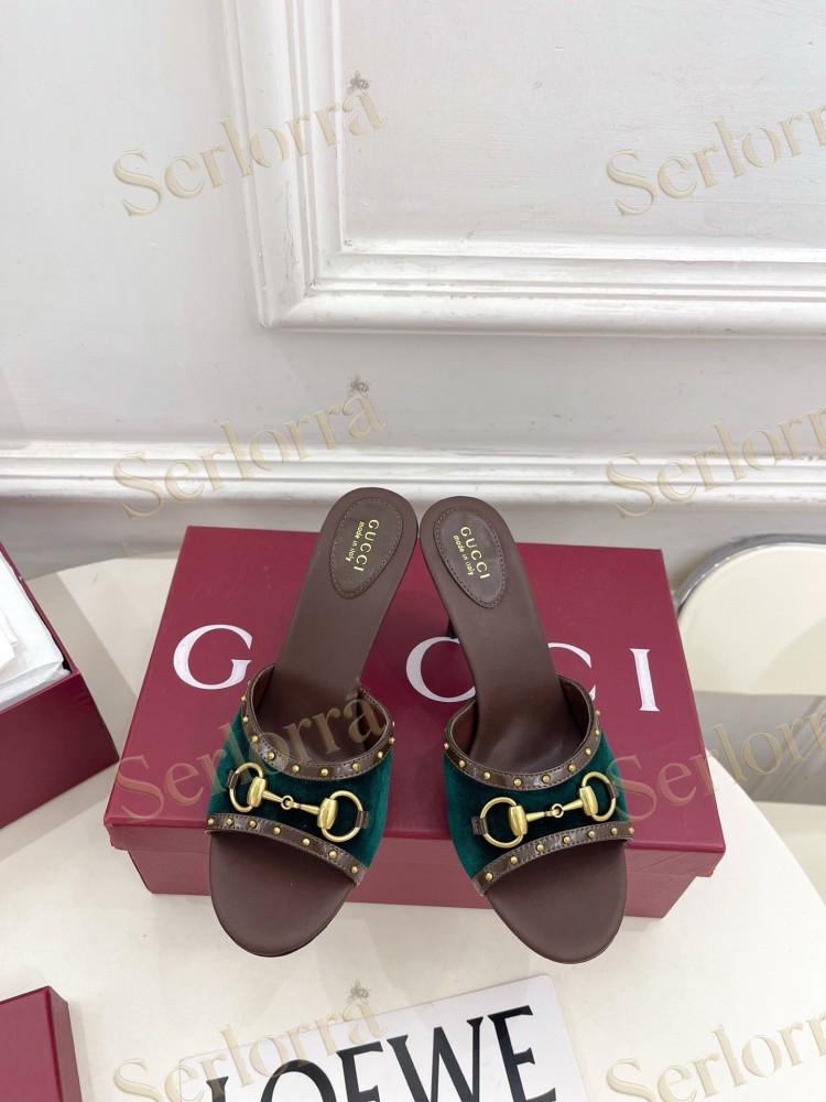 GUCCI GG CANVAS STUDS HORSEBIT MID HEEL SLIDE SANDALS