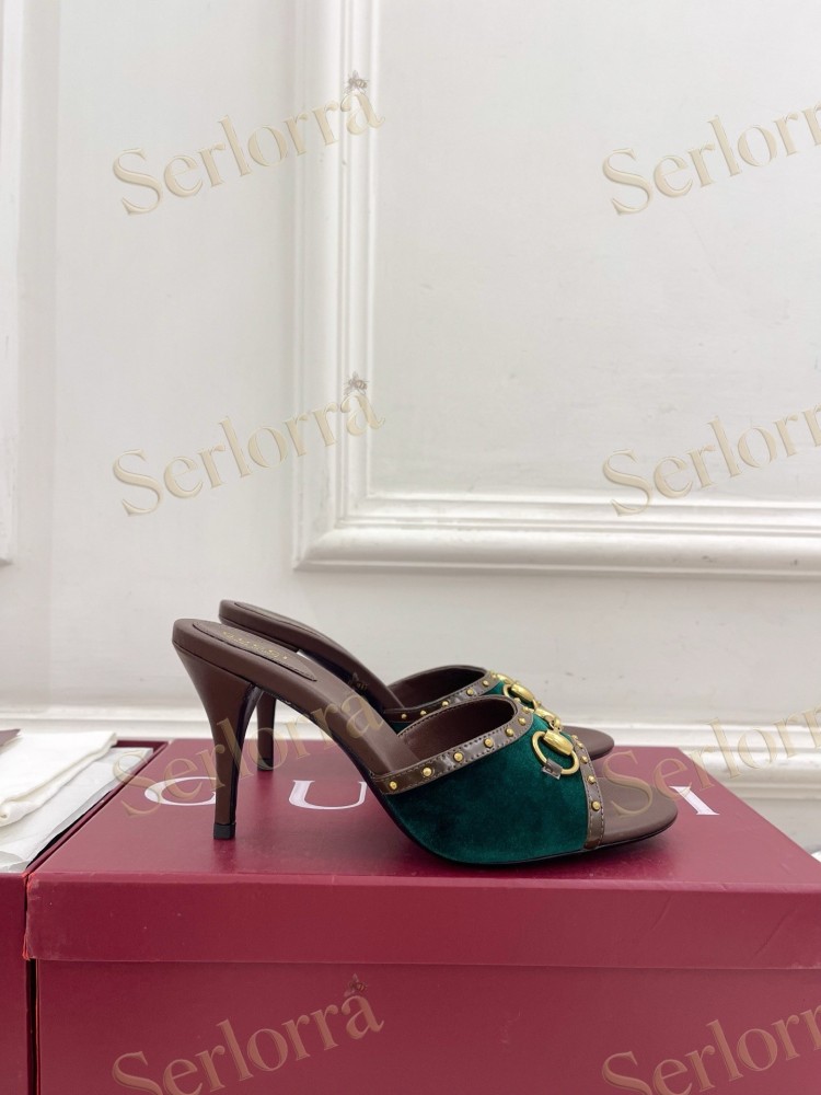 GUCCI GG CANVAS STUDS HORSEBIT MID HEEL SLIDE SANDALS