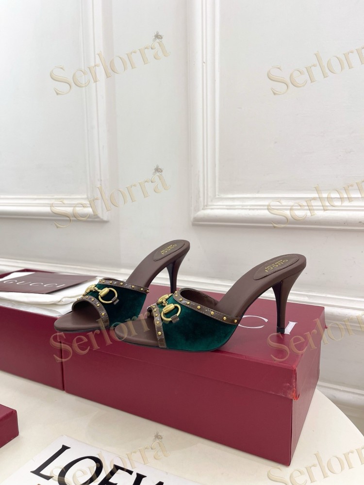 GUCCI GG CANVAS STUDS HORSEBIT MID HEEL SLIDE SANDALS