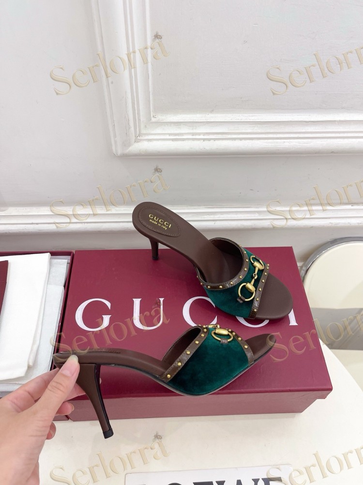 GUCCI GG CANVAS STUDS HORSEBIT MID HEEL SLIDE SANDALS
