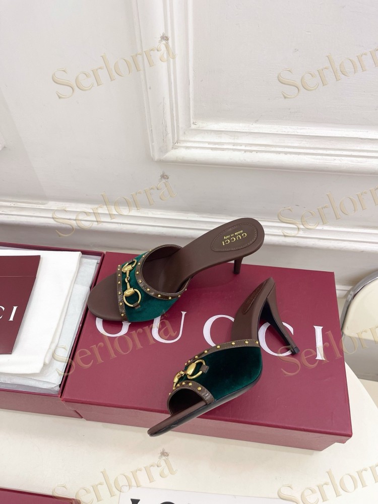 GUCCI GG CANVAS STUDS HORSEBIT MID HEEL SLIDE SANDALS