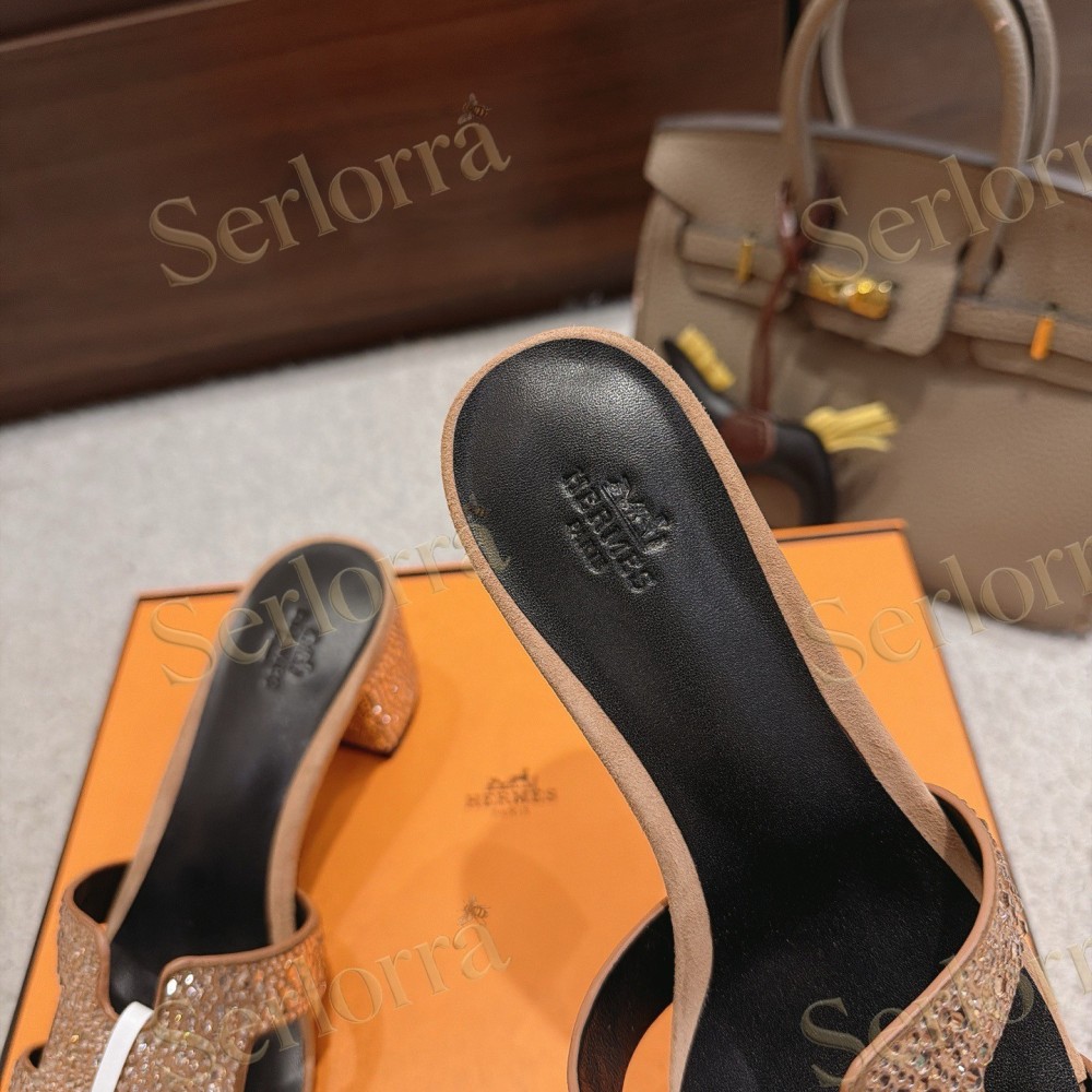 HERMÈS LIGHT DENIM AND LEATHER HABAROVSK BLOCK-HEEL SLIDES