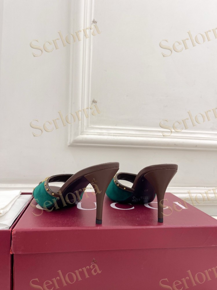 GUCCI GG CANVAS STUDS HORSEBIT MID HEEL SLIDE SANDALS