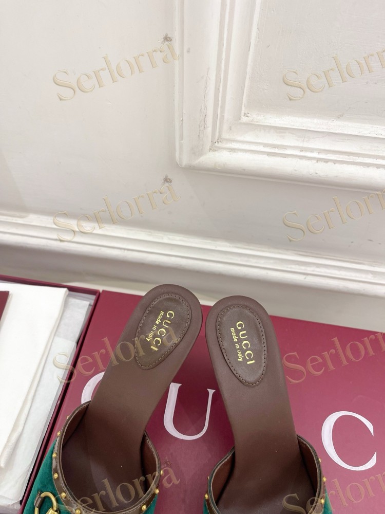 GUCCI GG CANVAS STUDS HORSEBIT MID HEEL SLIDE SANDALS