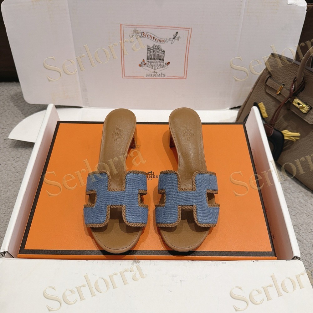 HERMÈS LIGHT DENIM AND LEATHER HABAROVSK BLOCK-HEEL SLIDES