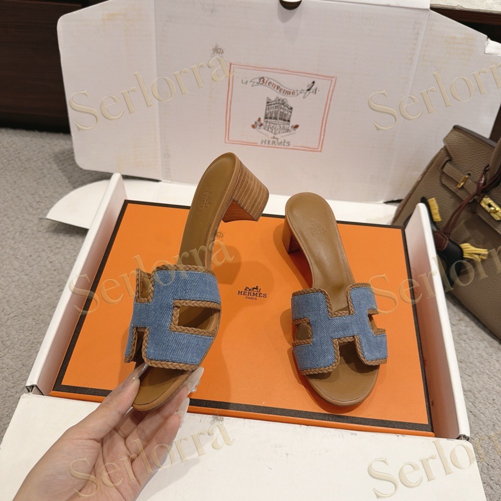 HERMÈS LIGHT DENIM AND LEATHER HABAROVSK BLOCK-HEEL SLIDES