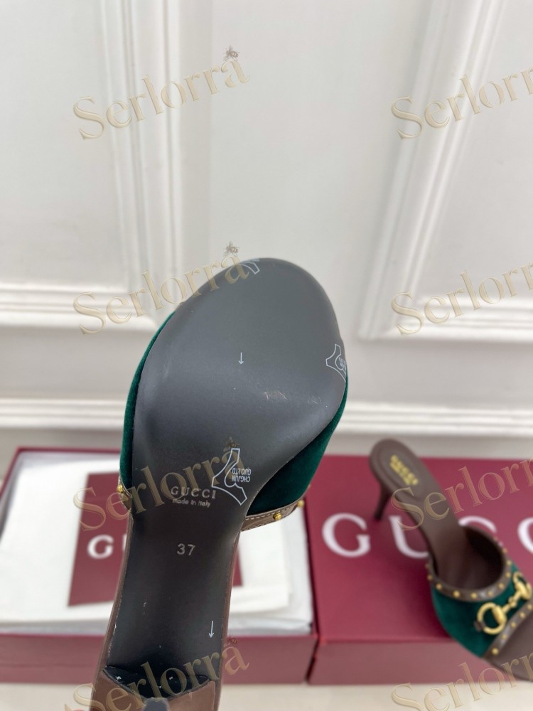 GUCCI GG CANVAS STUDS HORSEBIT MID HEEL SLIDE SANDALS