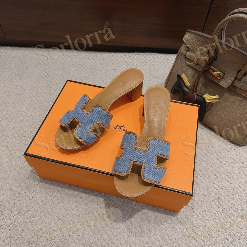 HERMÈS LIGHT DENIM AND LEATHER HABAROVSK BLOCK-HEEL SLIDES