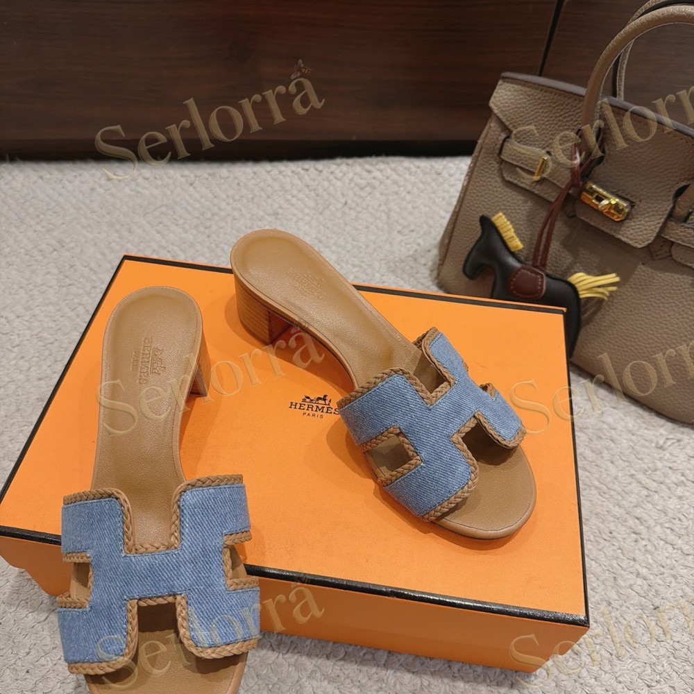 HERMÈS LIGHT DENIM AND LEATHER HABAROVSK BLOCK-HEEL SLIDES