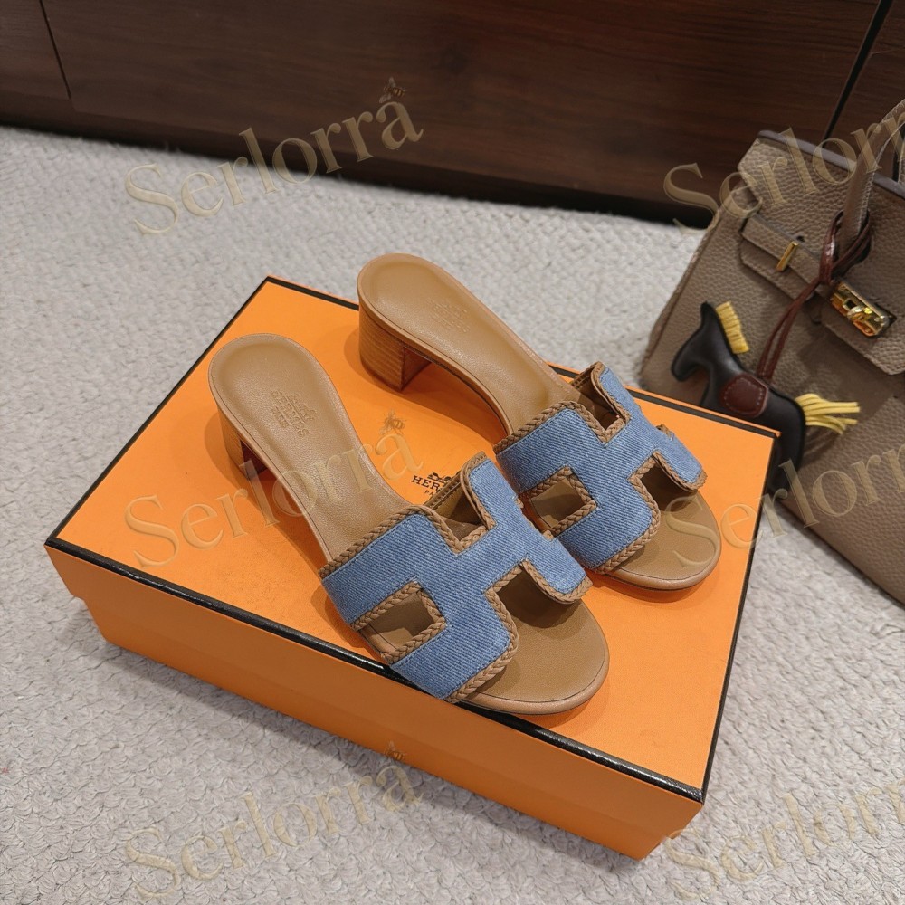 HERMÈS LIGHT DENIM AND LEATHER HABAROVSK BLOCK-HEEL SLIDES