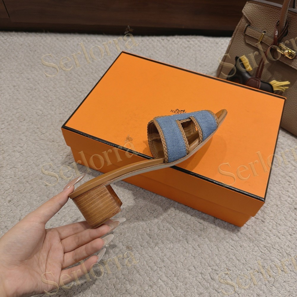 HERMÈS LIGHT DENIM AND LEATHER HABAROVSK BLOCK-HEEL SLIDES