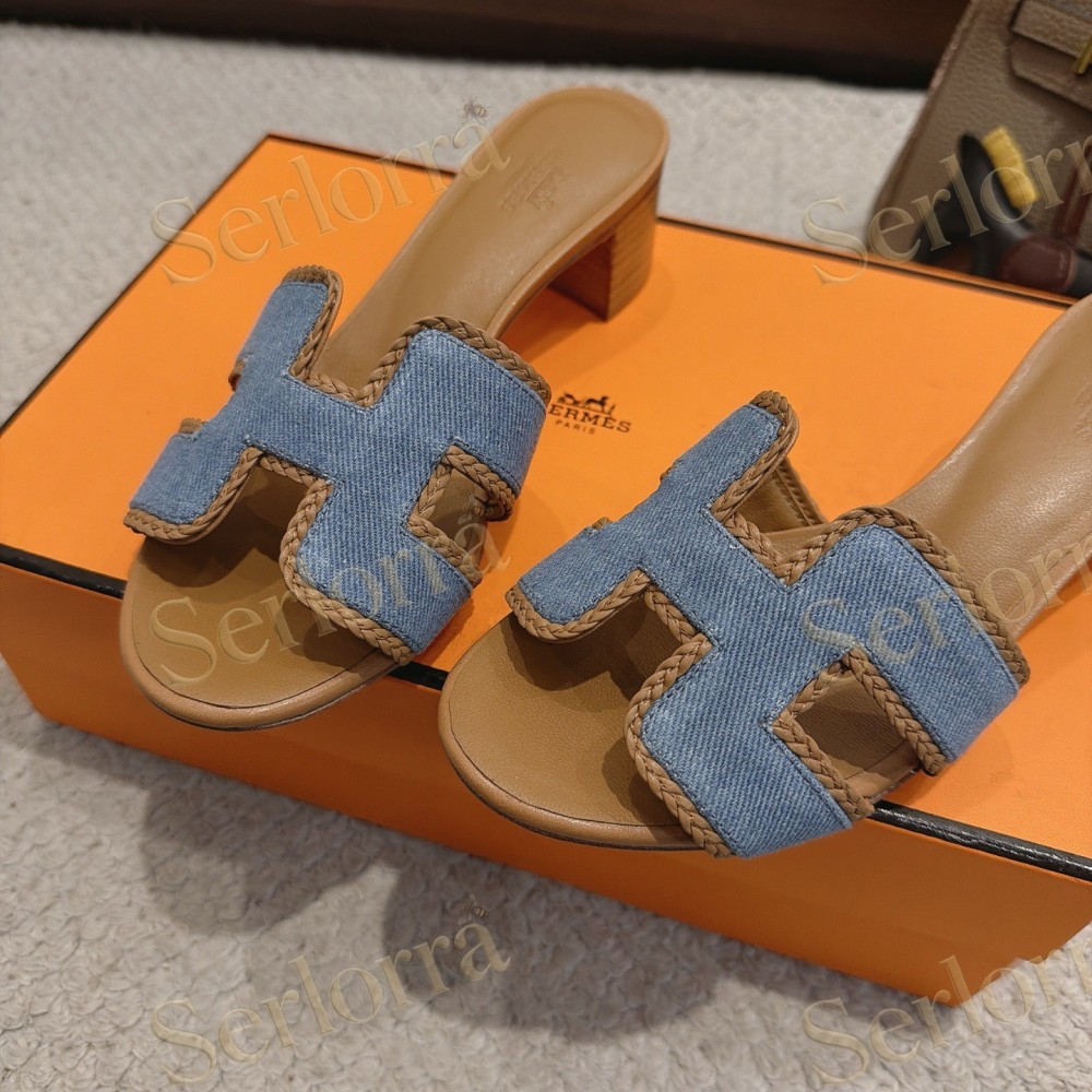 HERMÈS LIGHT DENIM AND LEATHER HABAROVSK BLOCK-HEEL SLIDES