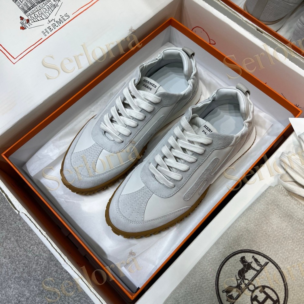 HERMÈS LIGHT SUEDE AND LEATHER JET LOW‑TOP SNEAKERS