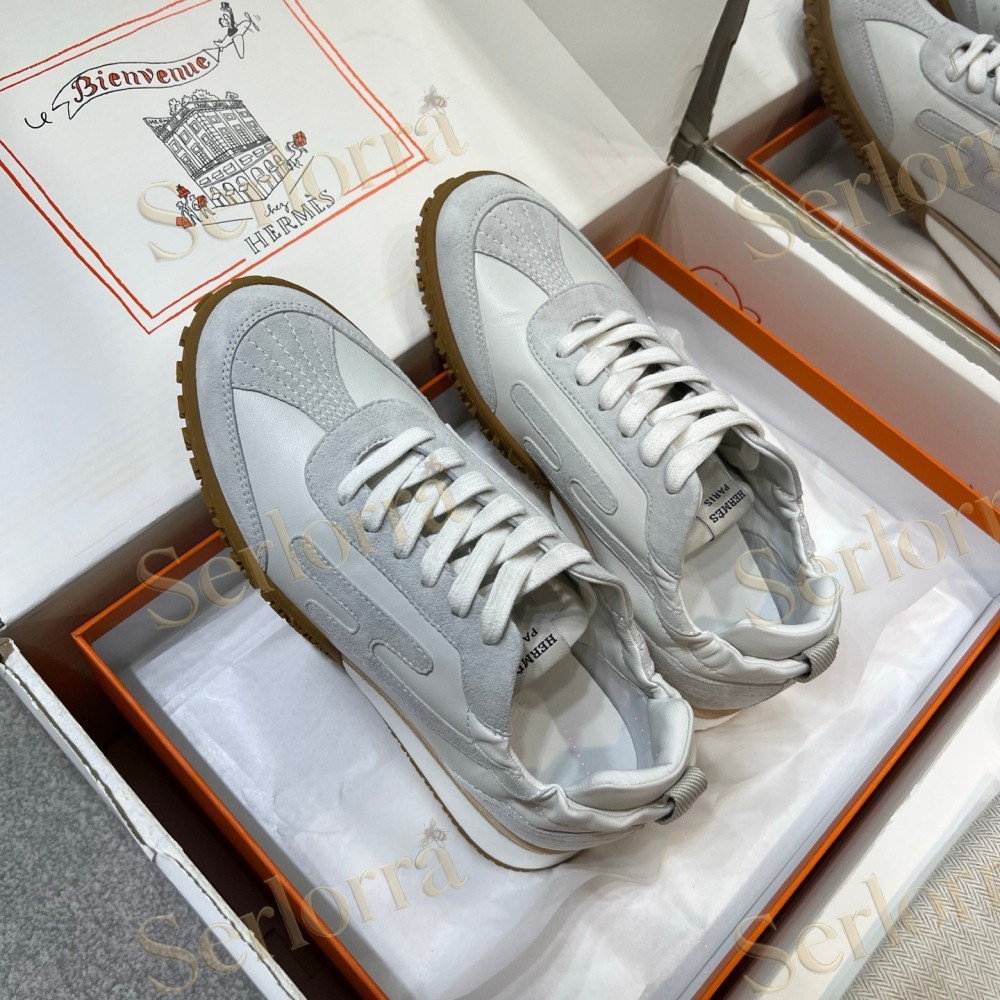 HERMÈS LIGHT SUEDE AND LEATHER JET LOW‑TOP SNEAKERS