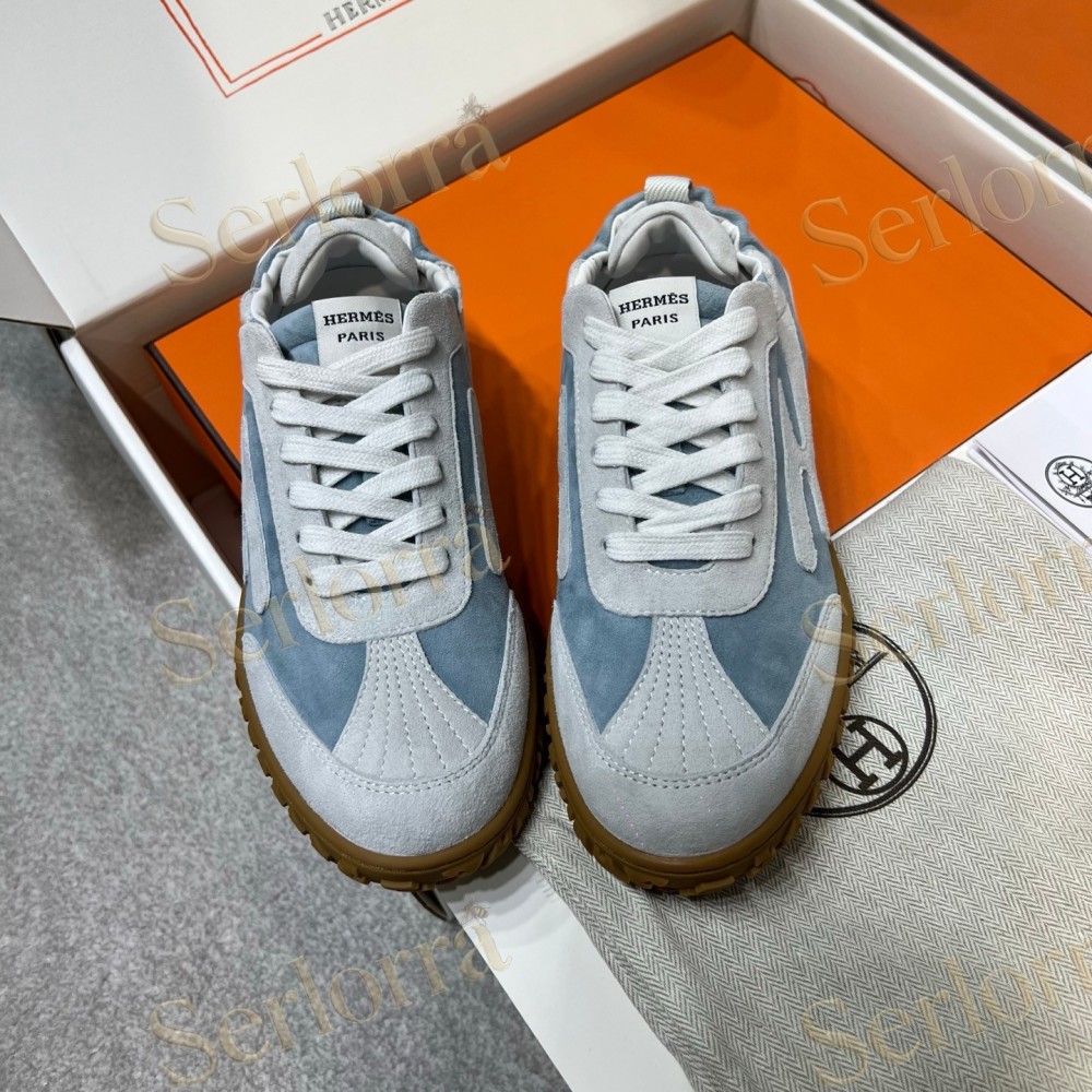 HERMÈS LIGHT SUEDE AND LEATHER JET LOW‑TOP SNEAKERS