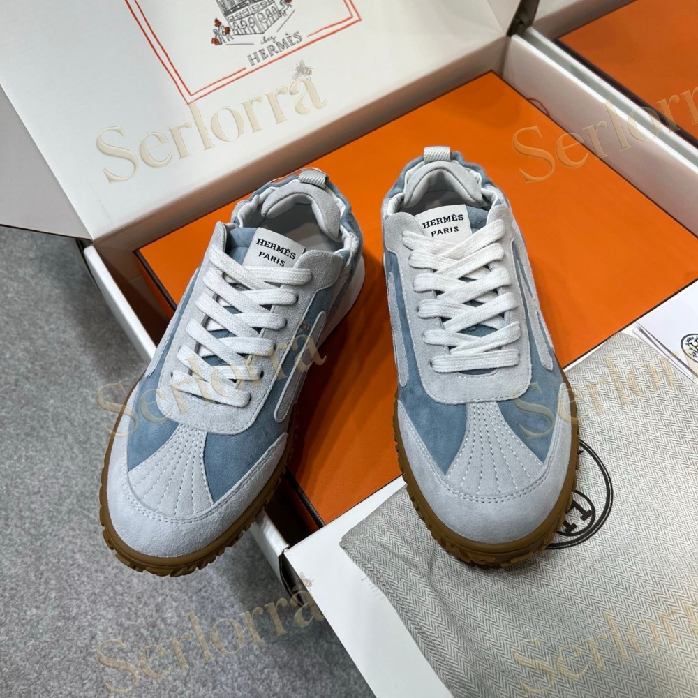 HERMÈS LIGHT SUEDE AND LEATHER JET LOW‑TOP SNEAKERS