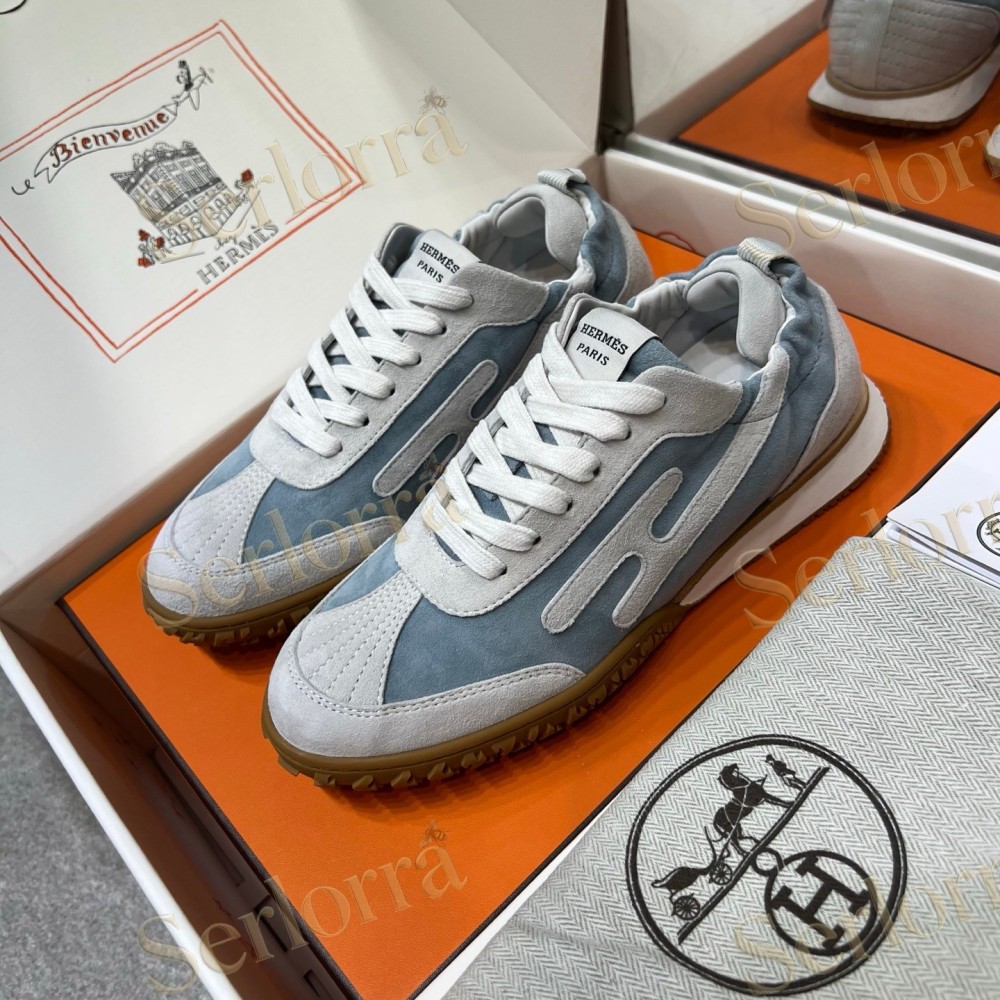 HERMÈS LIGHT SUEDE AND LEATHER JET LOW‑TOP SNEAKERS