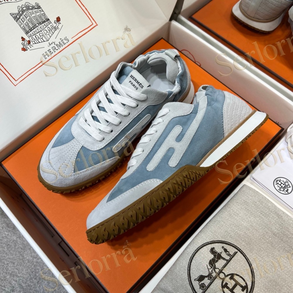 HERMÈS LIGHT SUEDE AND LEATHER JET LOW‑TOP SNEAKERS