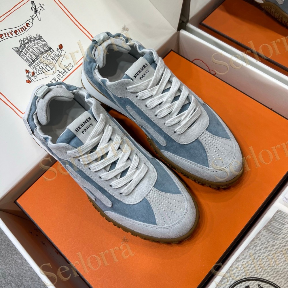 HERMÈS LIGHT SUEDE AND LEATHER JET LOW‑TOP SNEAKERS
