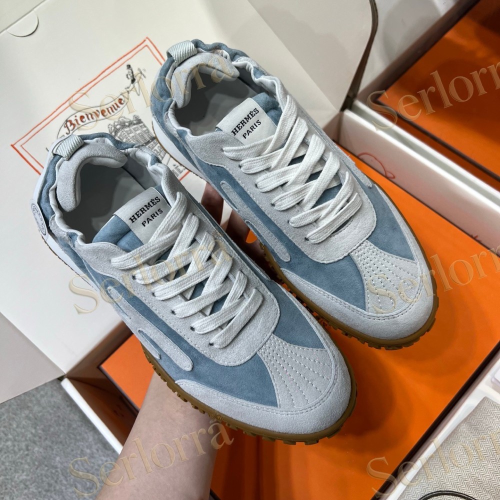 HERMÈS LIGHT SUEDE AND LEATHER JET LOW‑TOP SNEAKERS