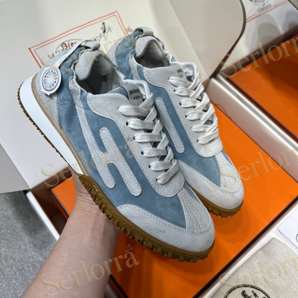 HERMÈS LIGHT SUEDE AND LEATHER JET LOW‑TOP SNEAKERS