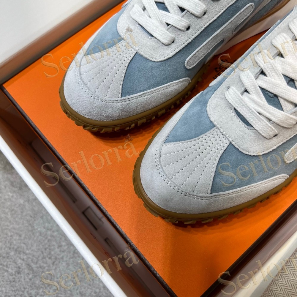 HERMÈS LIGHT SUEDE AND LEATHER JET LOW‑TOP SNEAKERS