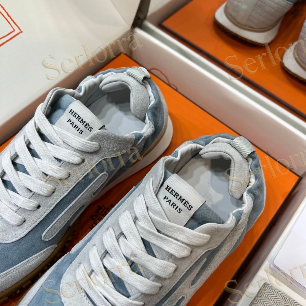 HERMÈS LIGHT SUEDE AND LEATHER JET LOW‑TOP SNEAKERS