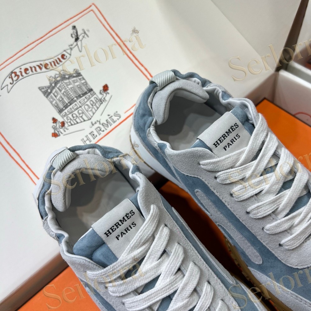 HERMÈS LIGHT SUEDE AND LEATHER JET LOW‑TOP SNEAKERS