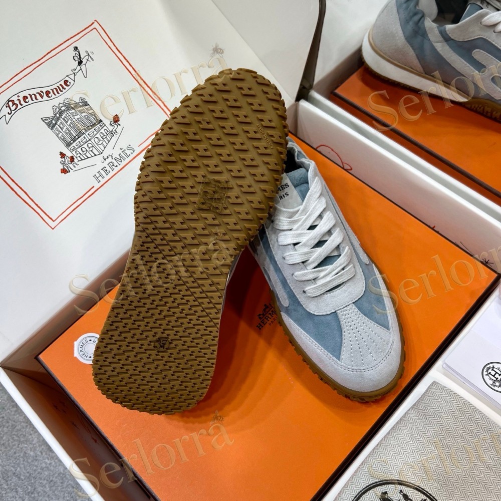 HERMÈS LIGHT SUEDE AND LEATHER JET LOW‑TOP SNEAKERS