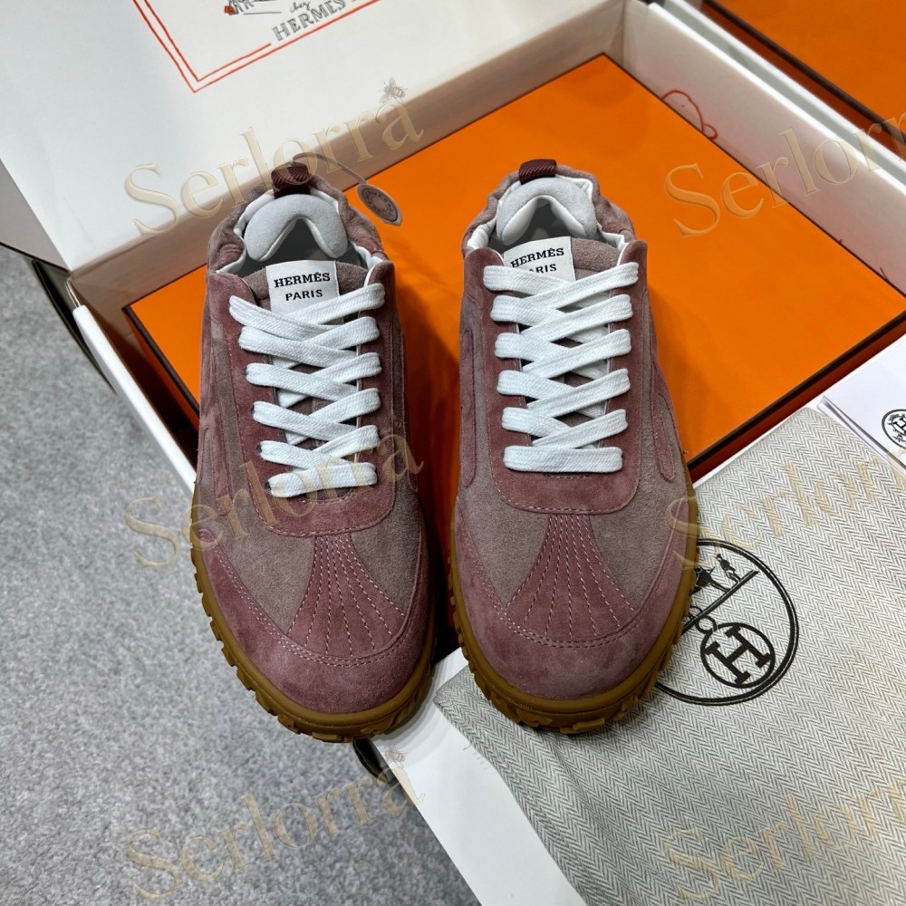 HERMÈS LIGHT SUEDE AND LEATHER JET LOW‑TOP SNEAKERS