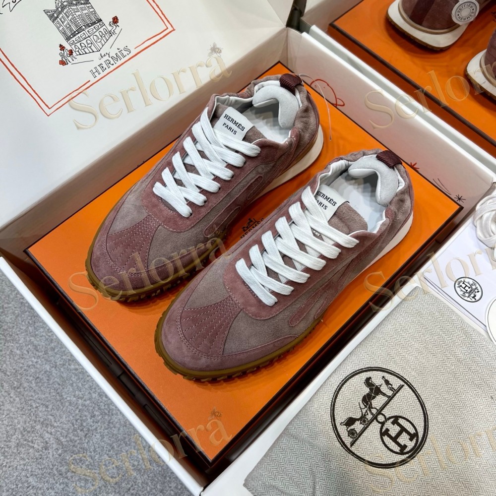 HERMÈS LIGHT SUEDE AND LEATHER JET LOW‑TOP SNEAKERS
