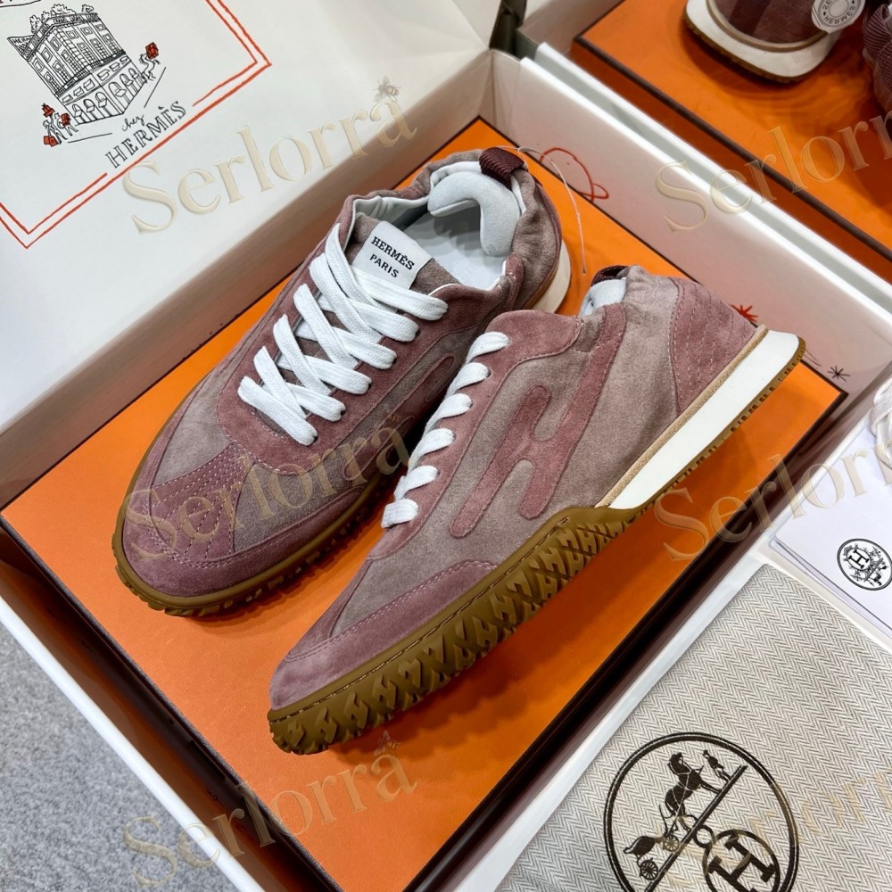 HERMÈS LIGHT SUEDE AND LEATHER JET LOW‑TOP SNEAKERS