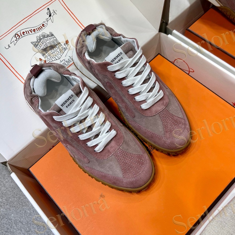 HERMÈS LIGHT SUEDE AND LEATHER JET LOW‑TOP SNEAKERS