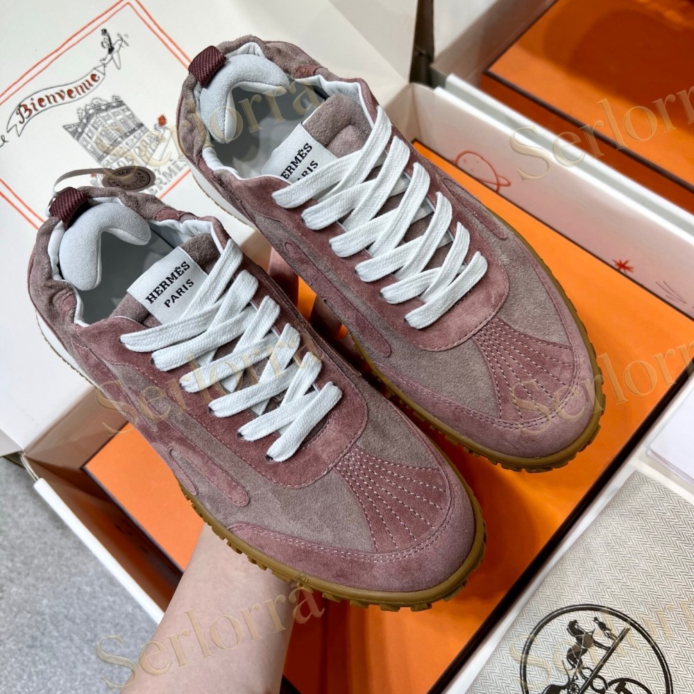 HERMÈS LIGHT SUEDE AND LEATHER JET LOW‑TOP SNEAKERS