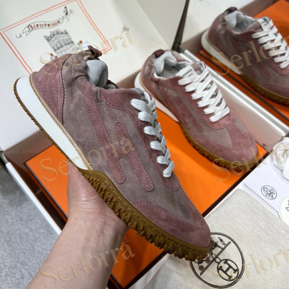 HERMÈS LIGHT SUEDE AND LEATHER JET LOW‑TOP SNEAKERS