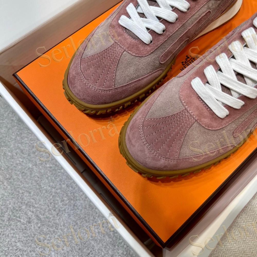 HERMÈS LIGHT SUEDE AND LEATHER JET LOW‑TOP SNEAKERS