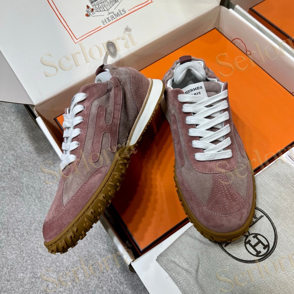HERMÈS LIGHT SUEDE AND LEATHER JET LOW‑TOP SNEAKERS