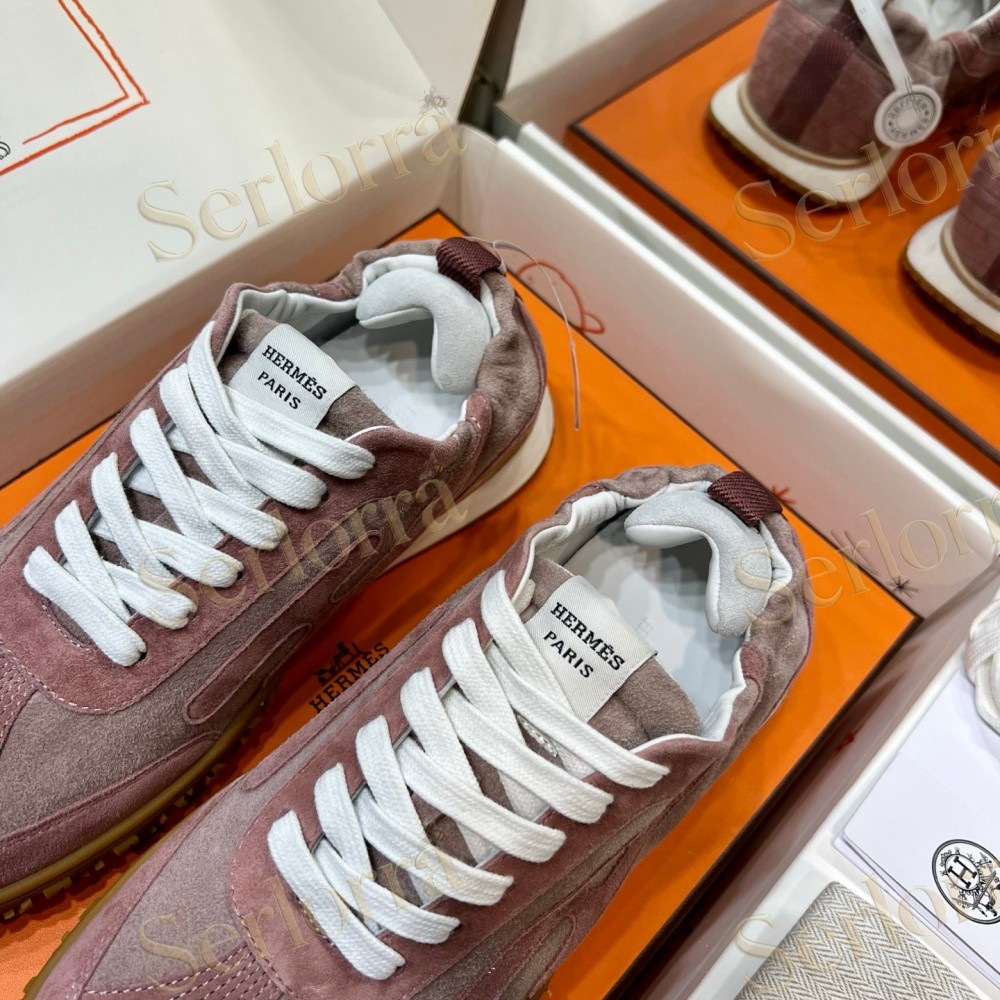 HERMÈS LIGHT SUEDE AND LEATHER JET LOW‑TOP SNEAKERS