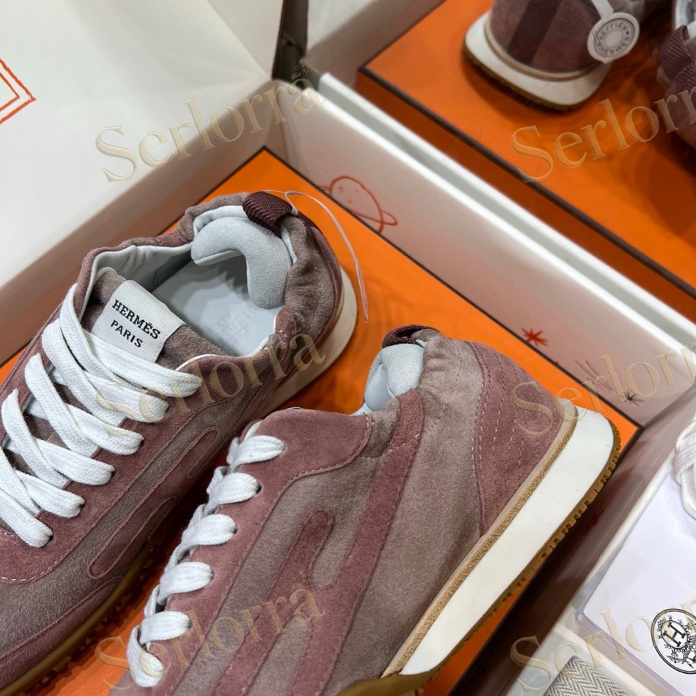 HERMÈS LIGHT SUEDE AND LEATHER JET LOW‑TOP SNEAKERS