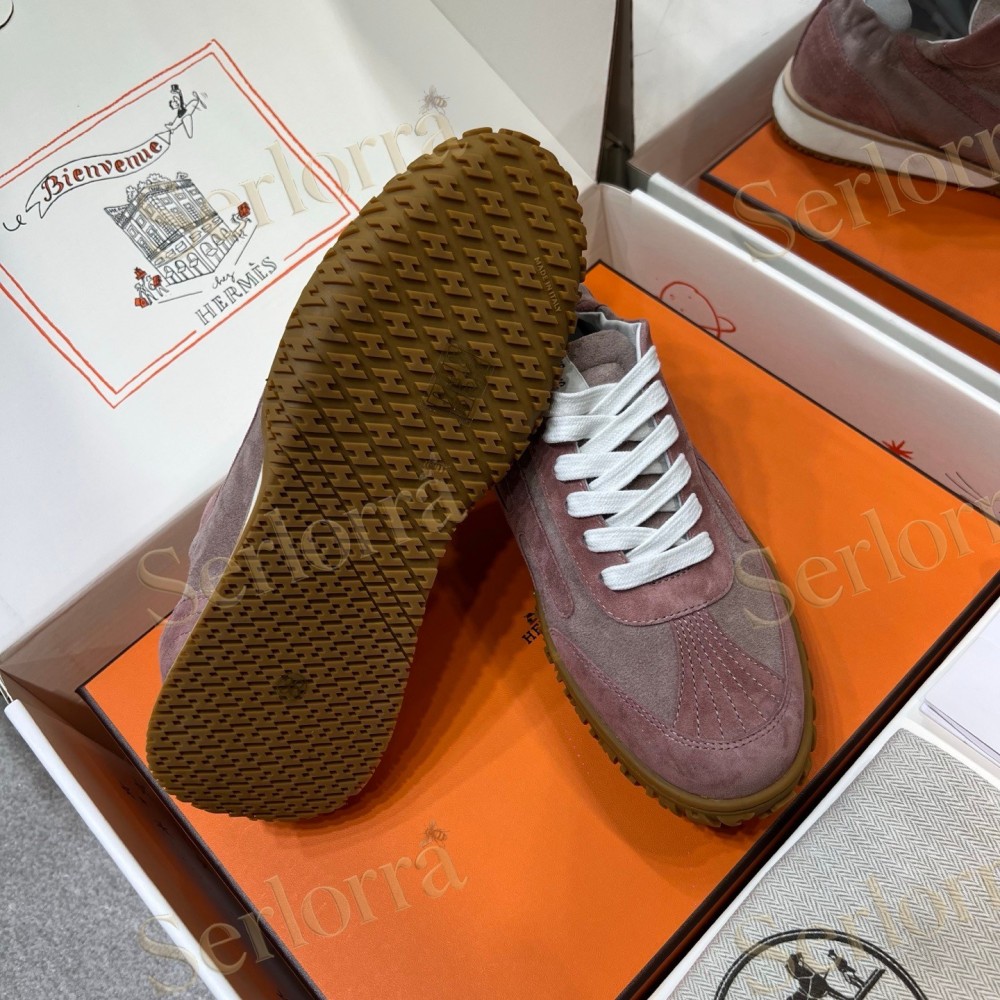 HERMÈS LIGHT SUEDE AND LEATHER JET LOW‑TOP SNEAKERS