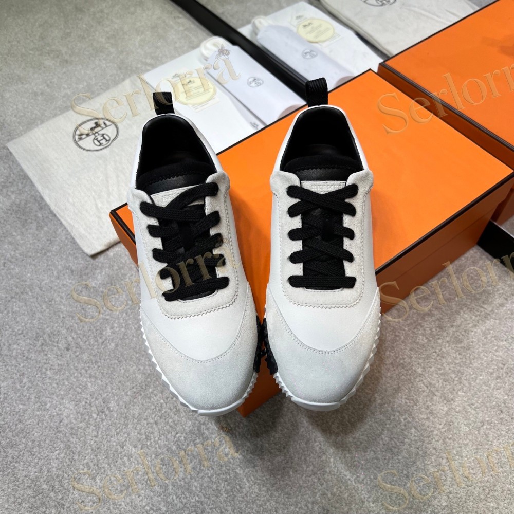 HERMÈS LIGHT SUEDE AND LEATHER JET LOW‑TOP SNEAKERS