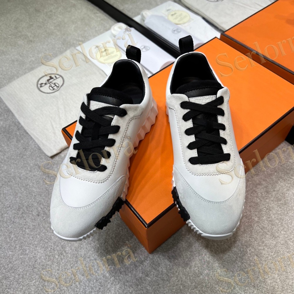 HERMÈS LIGHT SUEDE AND LEATHER JET LOW‑TOP SNEAKERS
