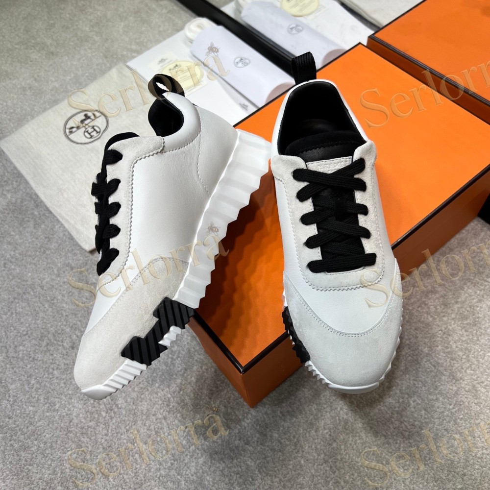 HERMÈS LIGHT SUEDE AND LEATHER JET LOW‑TOP SNEAKERS