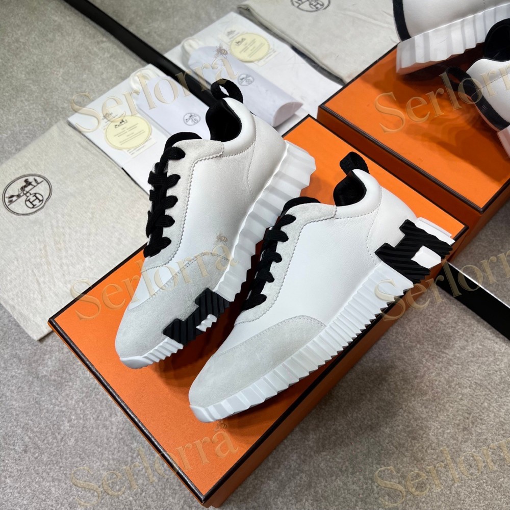HERMÈS LIGHT SUEDE AND LEATHER JET LOW‑TOP SNEAKERS