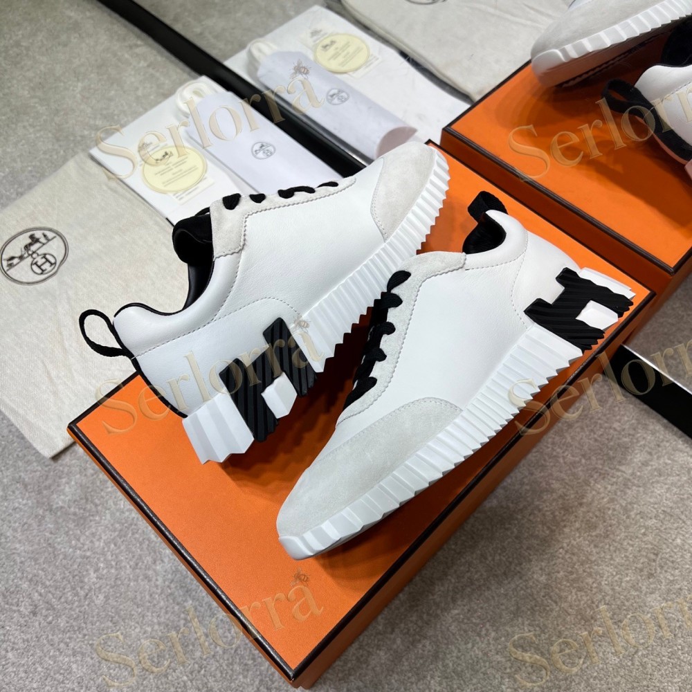 HERMÈS LIGHT SUEDE AND LEATHER JET LOW‑TOP SNEAKERS