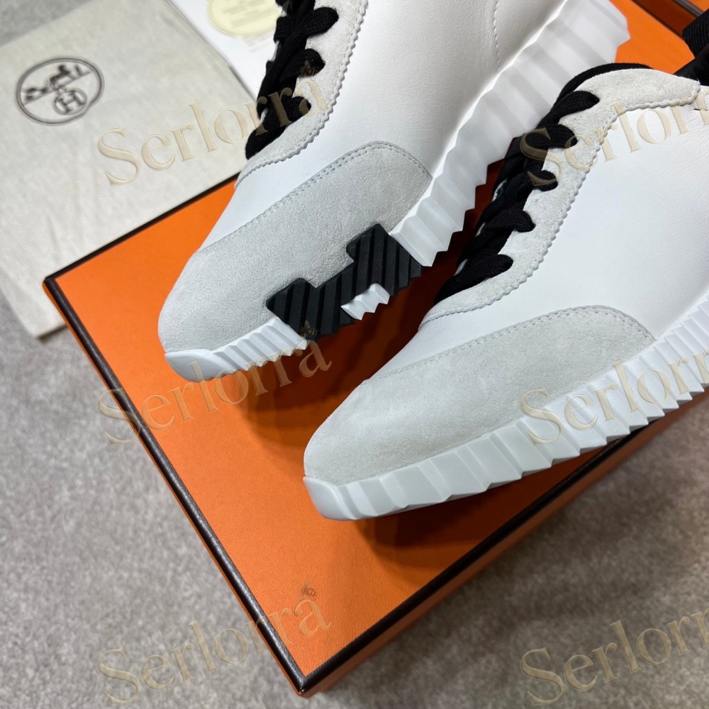 HERMÈS LIGHT SUEDE AND LEATHER JET LOW‑TOP SNEAKERS