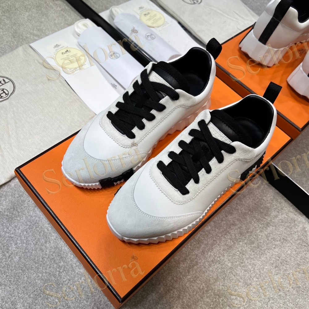 HERMÈS LIGHT SUEDE AND LEATHER JET LOW‑TOP SNEAKERS