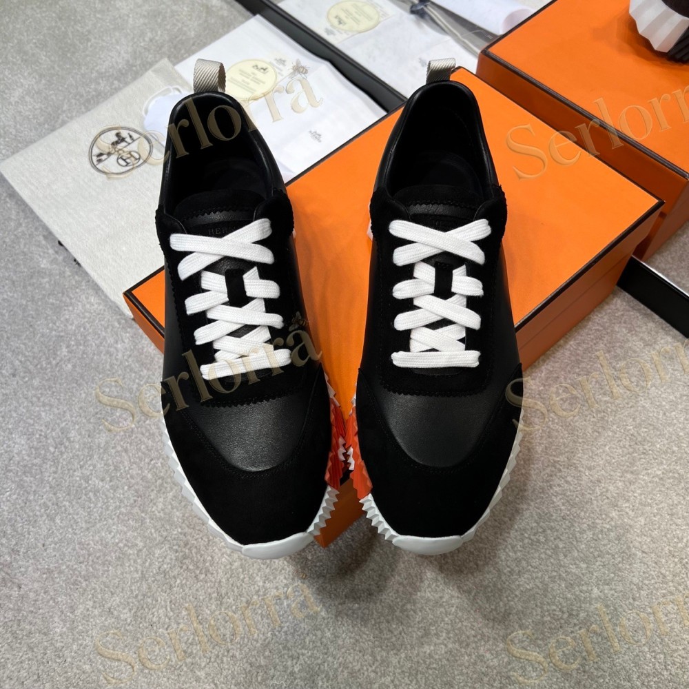 HERMÈS LIGHT SUEDE AND LEATHER JET LOW‑TOP SNEAKERS