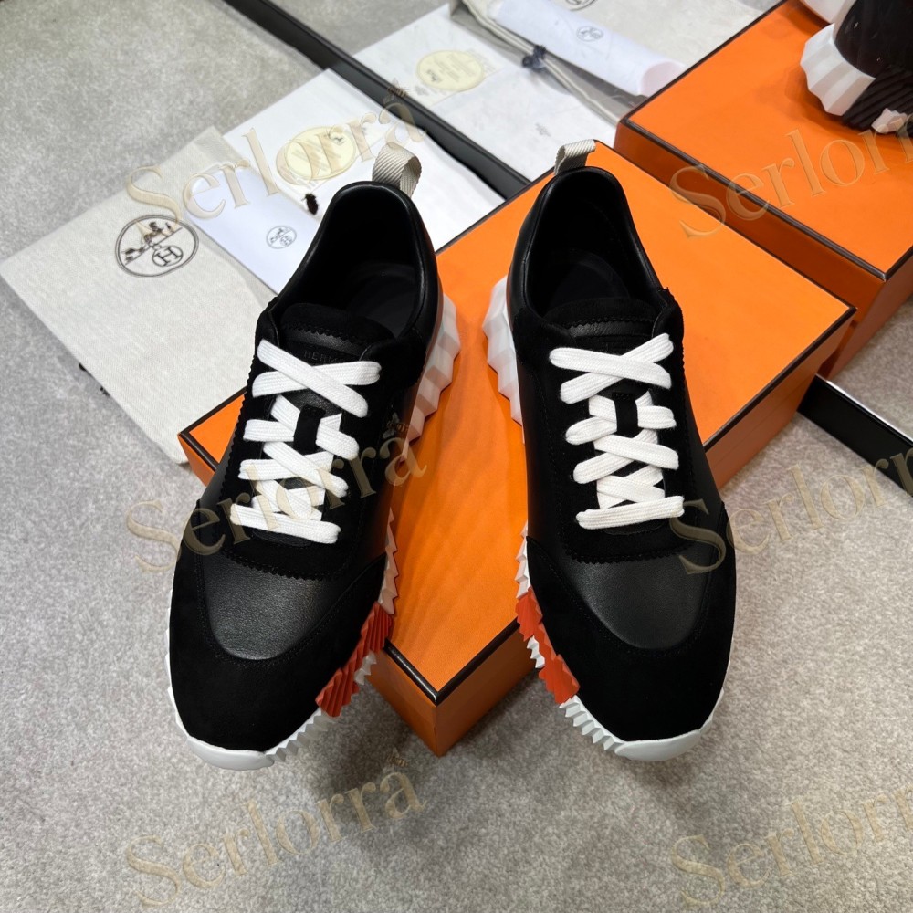 HERMÈS LIGHT SUEDE AND LEATHER JET LOW‑TOP SNEAKERS