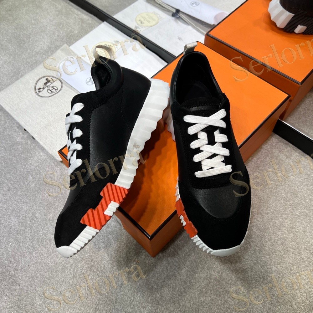 HERMÈS LIGHT SUEDE AND LEATHER JET LOW‑TOP SNEAKERS